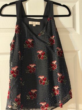 LOFT Black Sleeveless Floral Shift top with Red Roses never worn